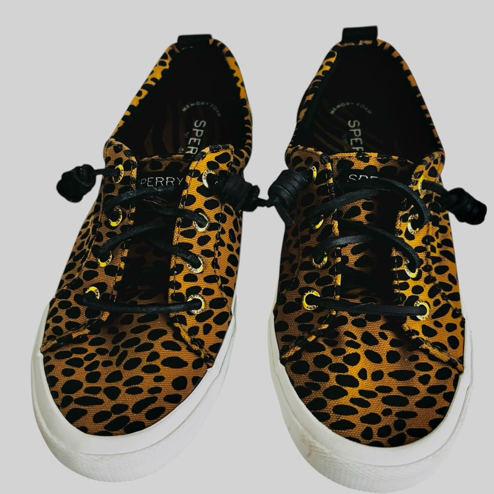 Sperry Women’s Leopard-Print Canvas Sneakers Sz 6.5 Tan & Black Like New
